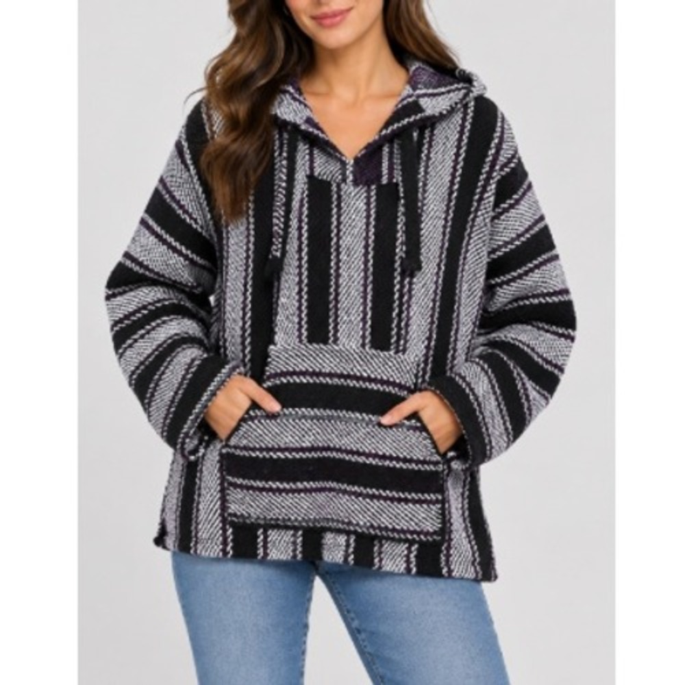 Artilana Womens Dark Blue‎ White Striped Mexican Baja Pullover Hoodie Size M